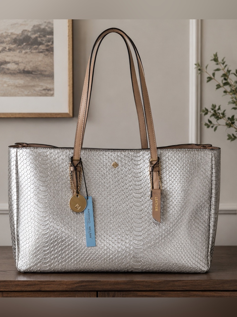 Antonio Melani NWT Metallic Silver Leather Tote Bag Large Shopper Beige Trim